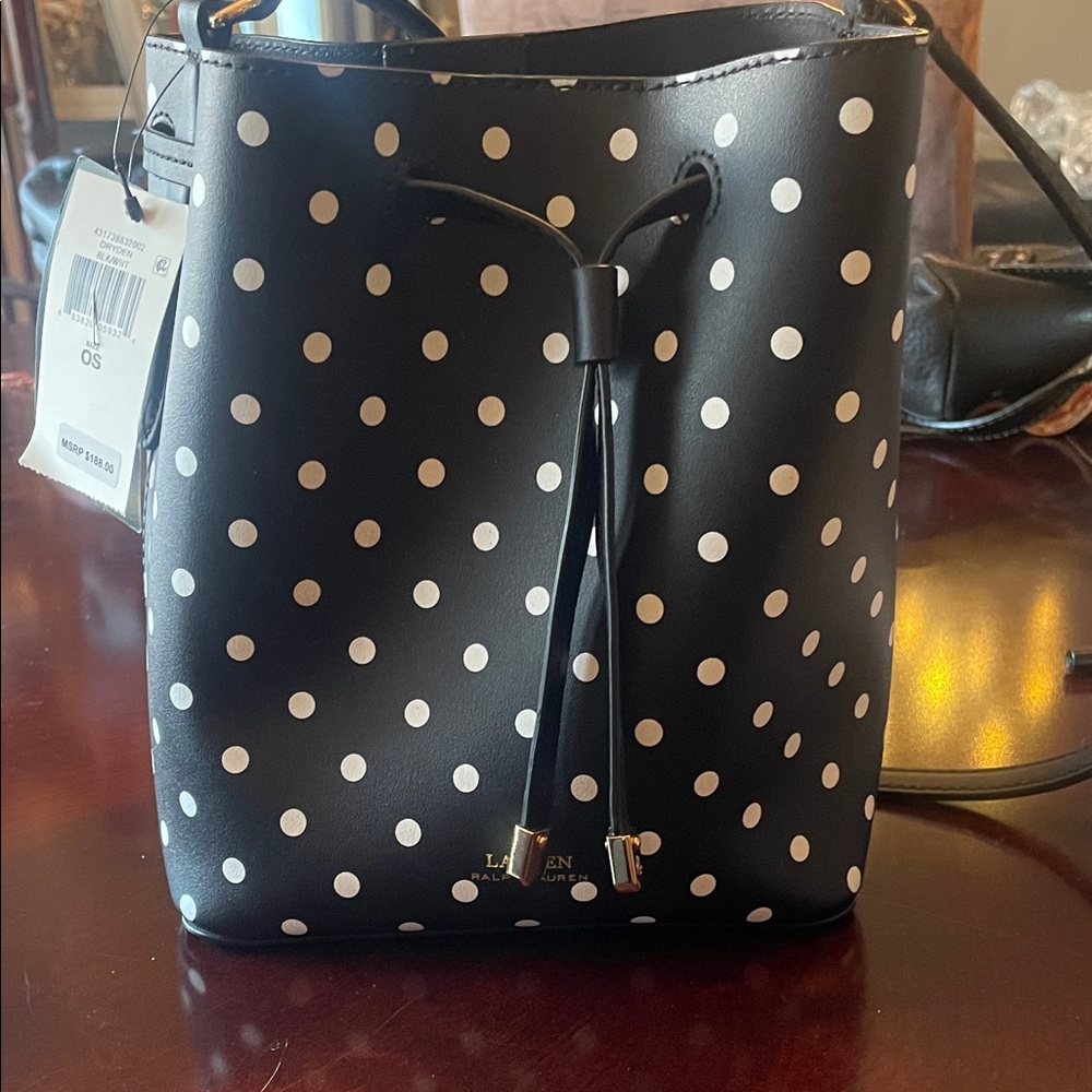 Polo Ralph Lauren Black and White Polka Dot Dryden Debby II drawstring bag NWT